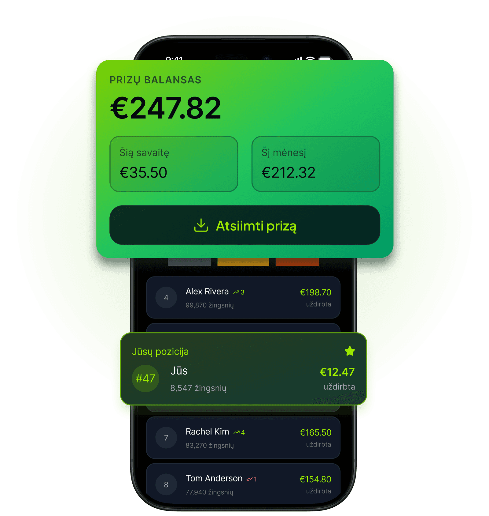 Move2Money programėlė: prizai ir lyderių lentelė
